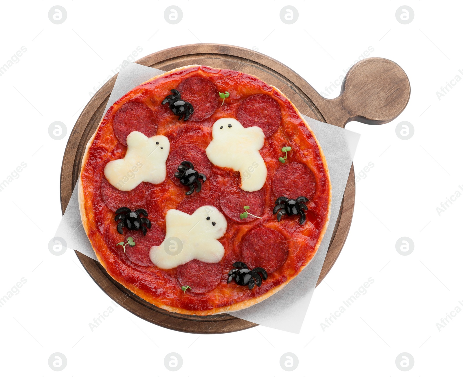 Photo of Cute Halloween pizza with ghosts and spiders on white background, top view