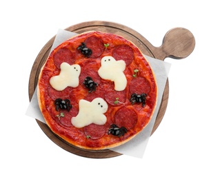 Photo of Cute Halloween pizza with ghosts and spiders on white background, top view