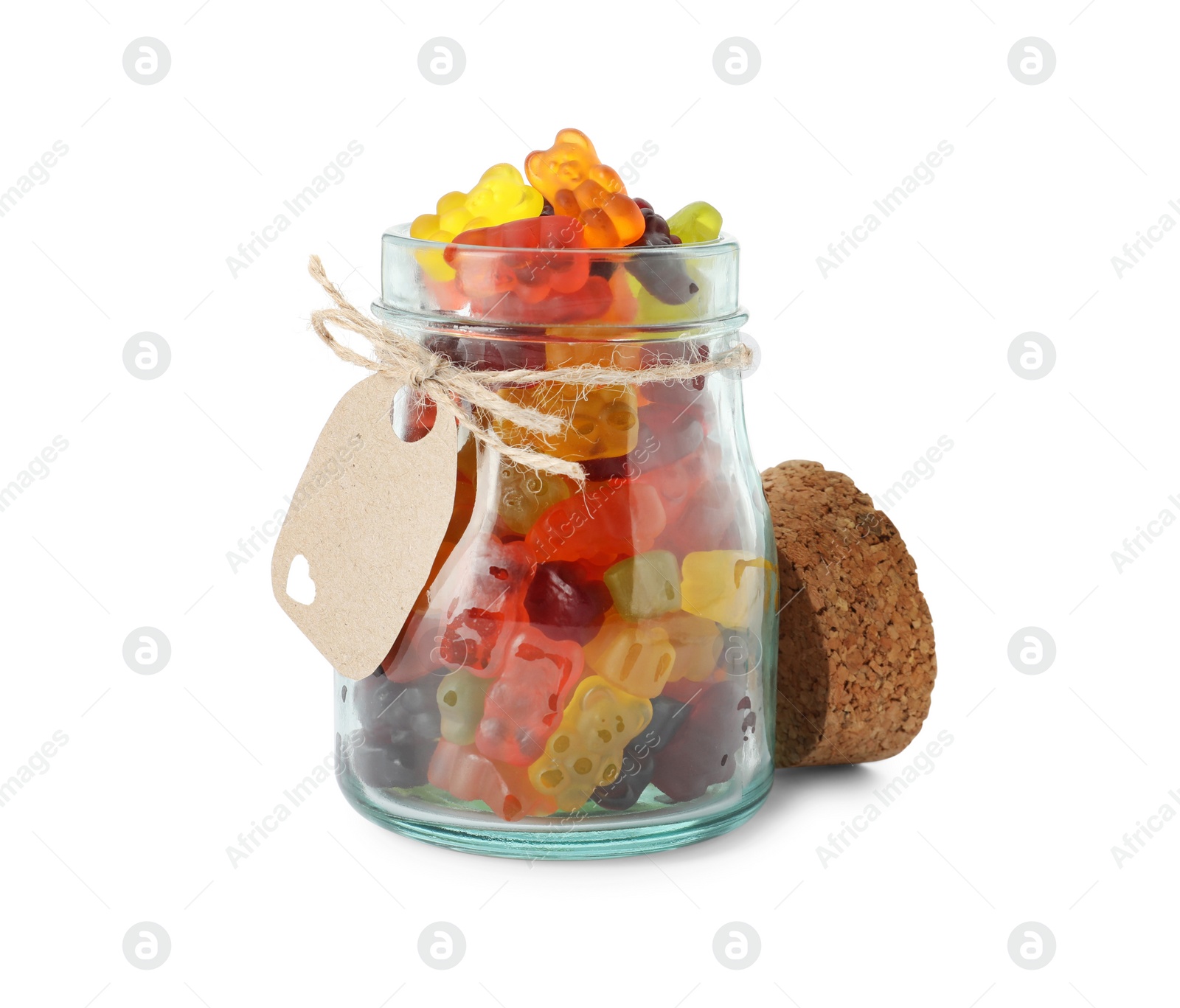 Photo of Delicious gummy bear candies in glass jar on white background