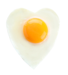 Photo of Heart shaped fried egg isolated on white, top view