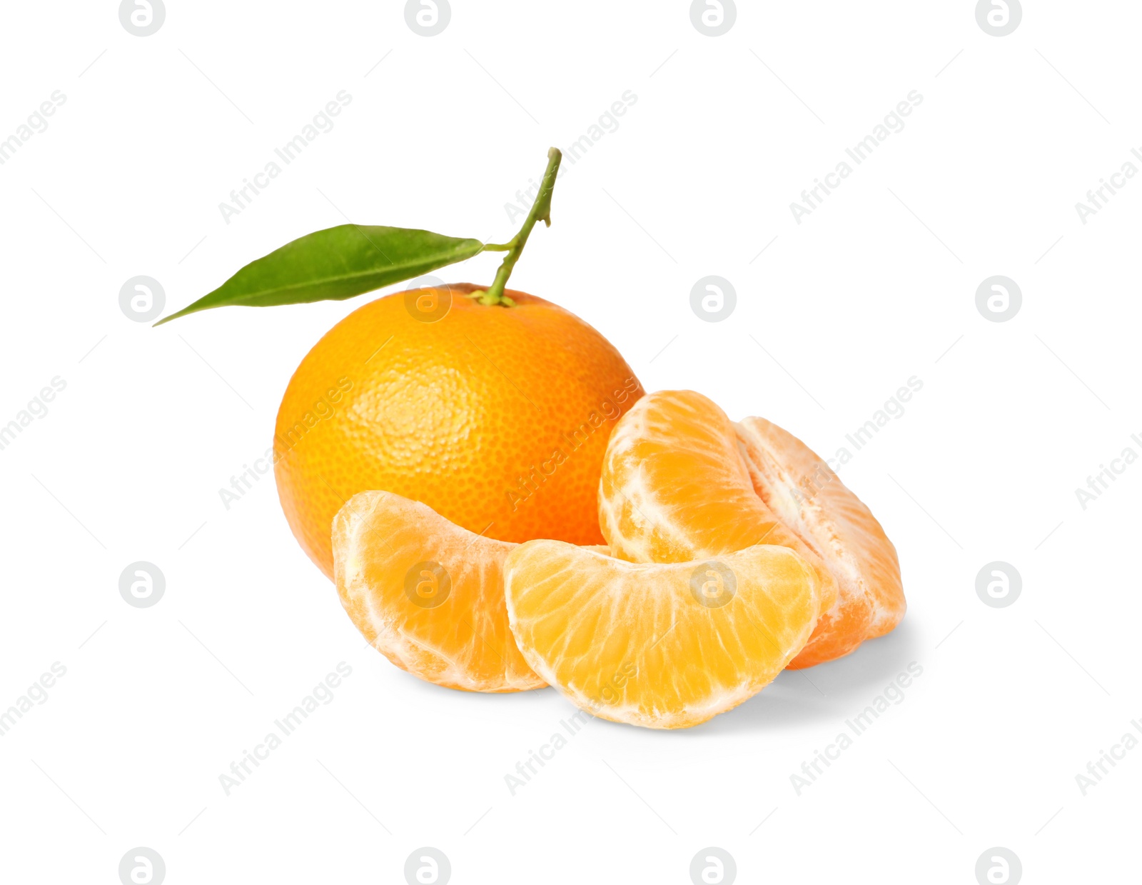 Photo of Fresh ripe juicy tangerines with green leaf isolated on white