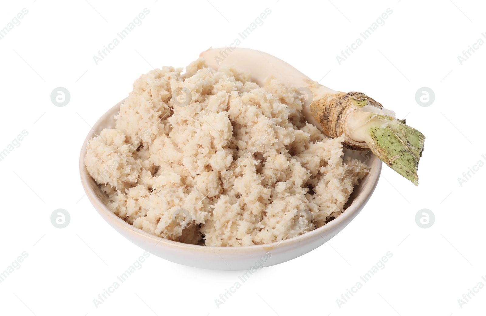 Photo of Bowl of tasty prepared horseradish and root isolated on white