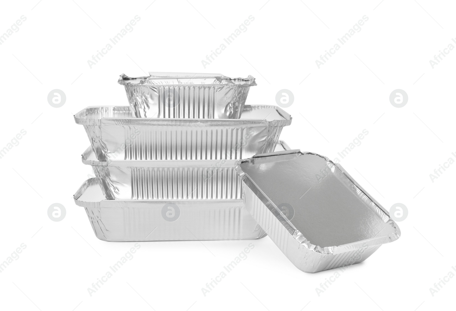 Photo of Set of foil containers for food on white background