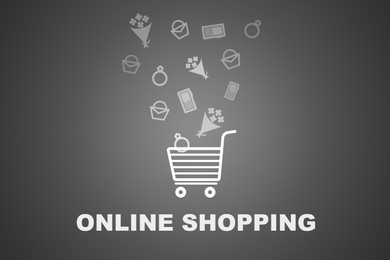 Illustration of Online shopping.  different stuff falling into cart on grey background