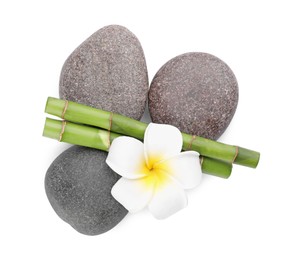 Spa stones, beautiful flower and bamboo stems on white background, top view
