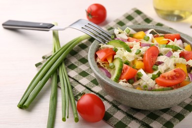 Photo of Tasty salad with Chinese cabbage served on white wooden table