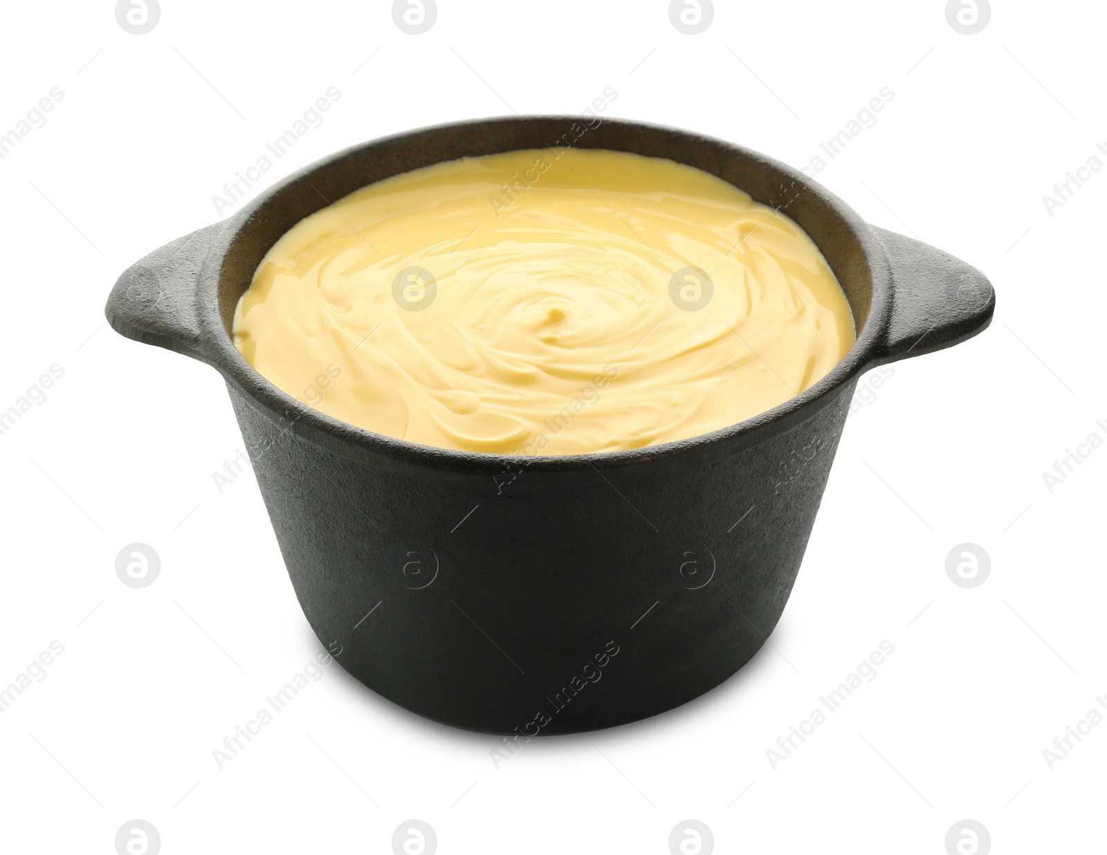 Photo of Fondue pot with tasty melted cheese isolated on white