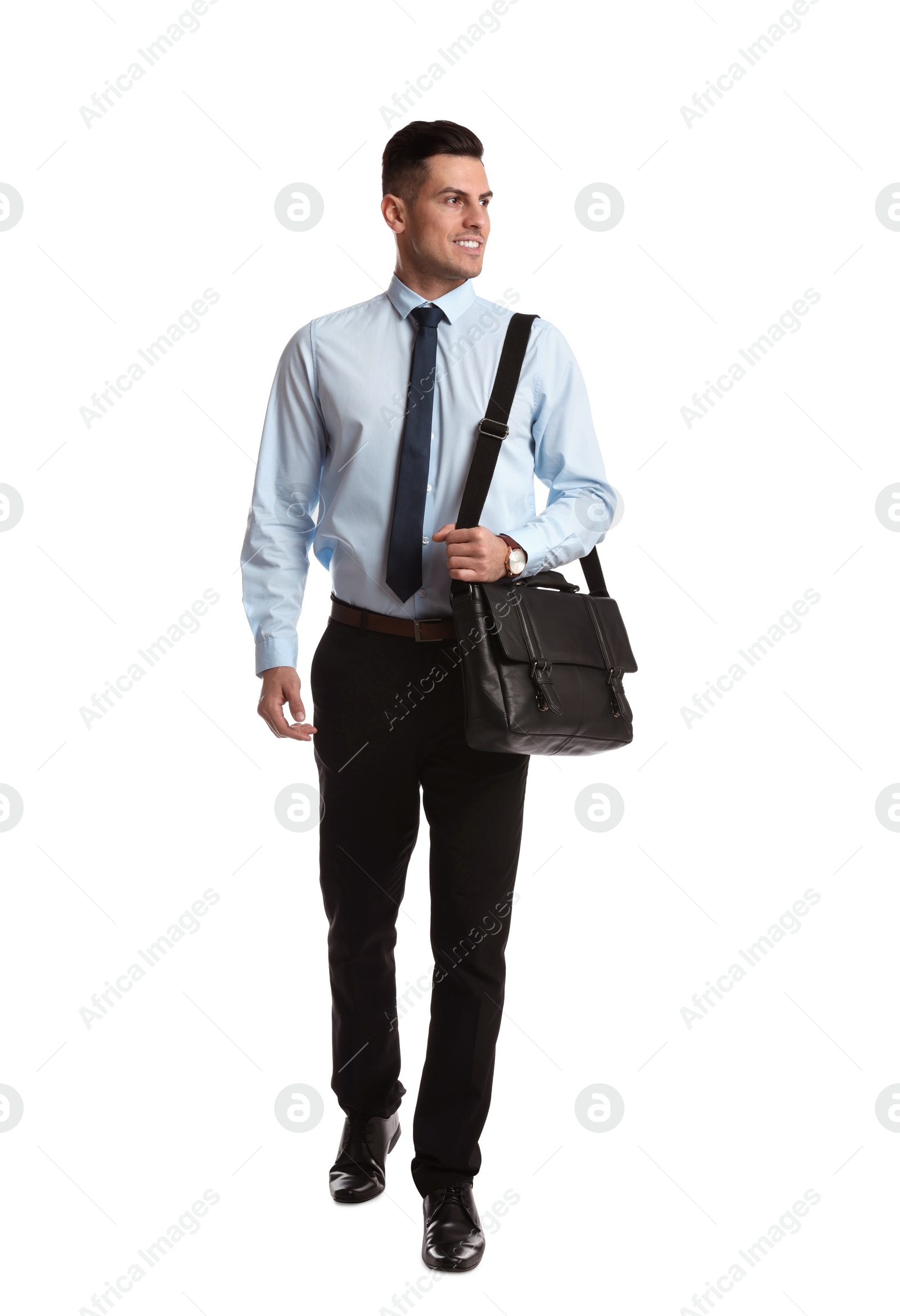 Photo of Businessman with stylish leather briefcase on white background