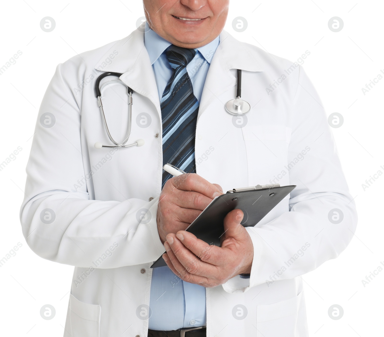 Photo of Senior doctor with clipboard on white background, closeup