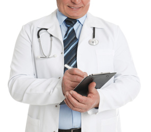 Senior doctor with clipboard on white background, closeup