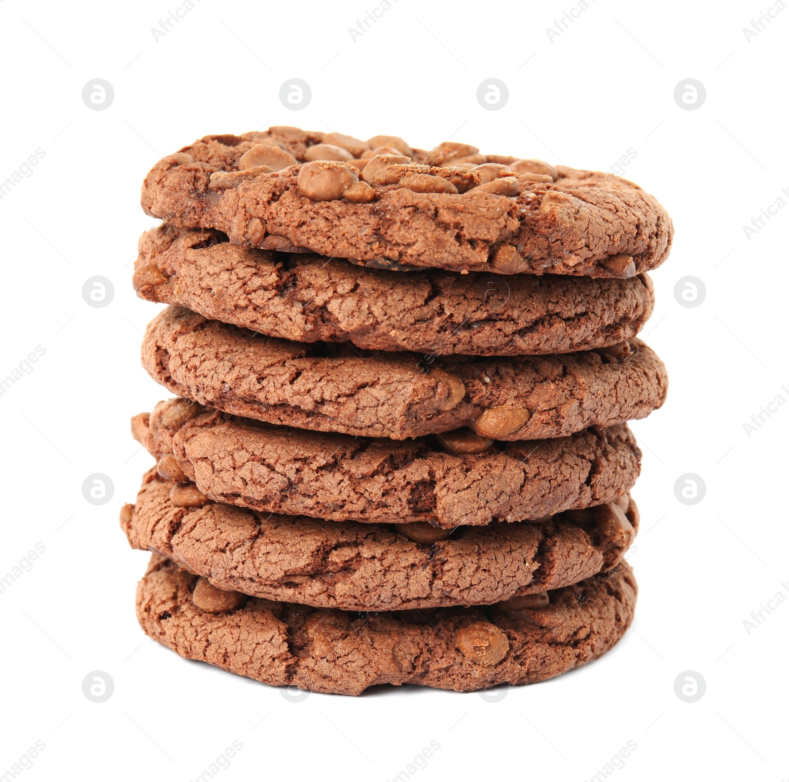 Photo of Stack of delicious chocolate chip cookies on white background