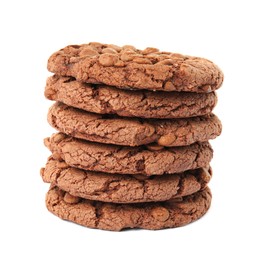 Stack of delicious chocolate chip cookies on white background