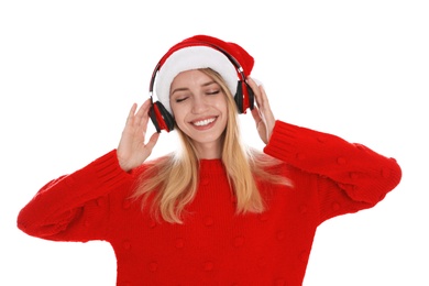 Photo of Happy woman with headphones on white background. Christmas music