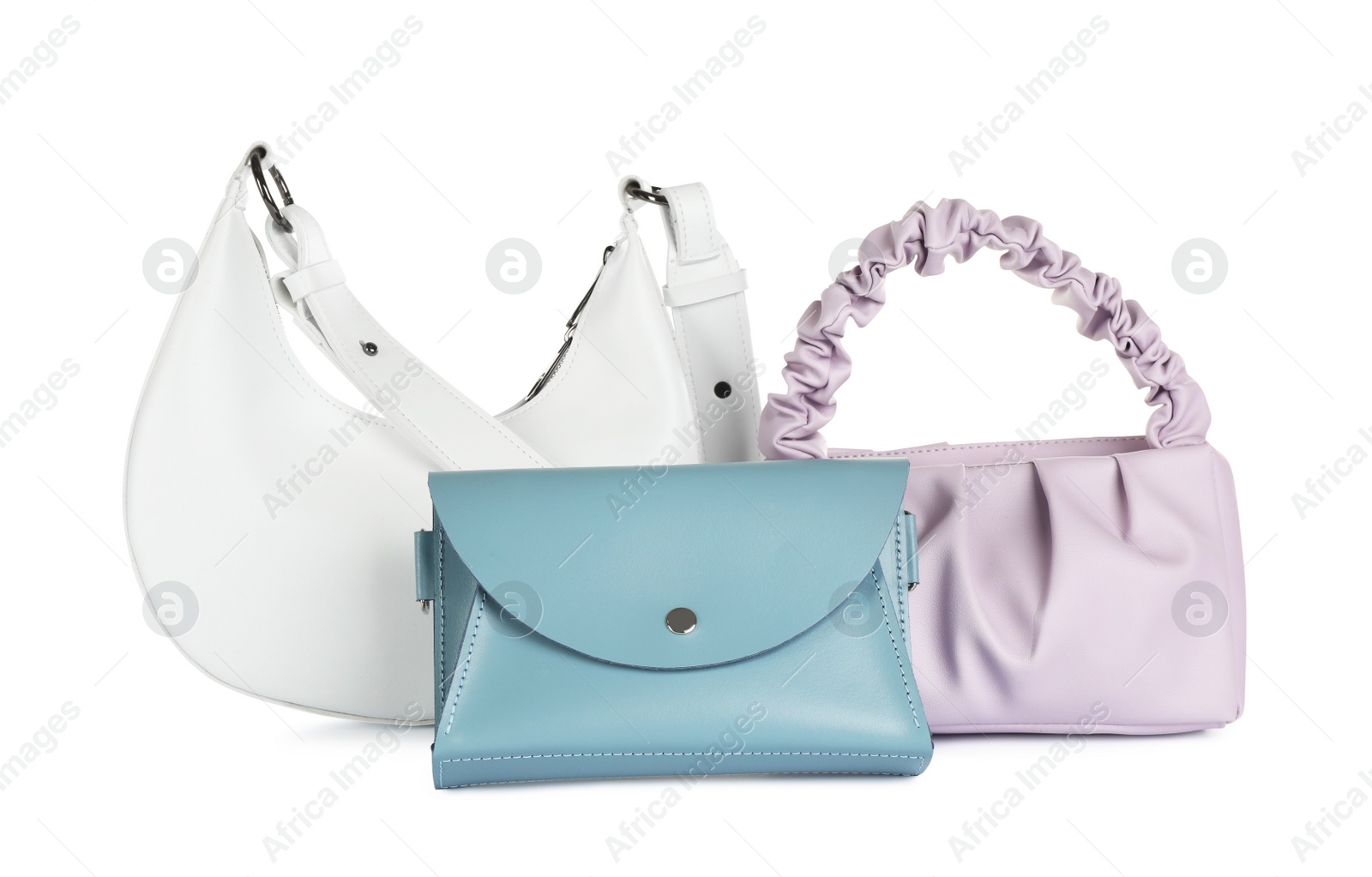 Photo of Collection of stylish women's bags on white background