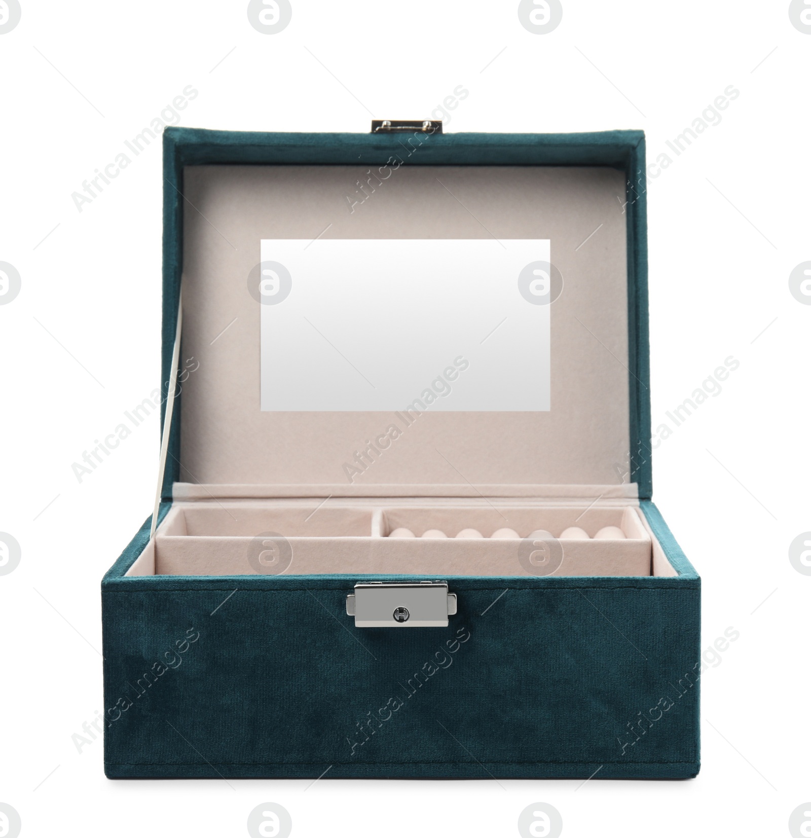 Photo of Open elegant jewelry box isolated on white