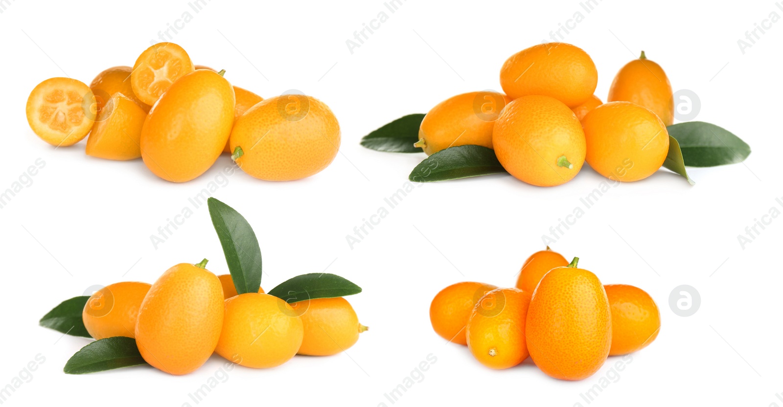 Image of Set with fresh ripe kumquat fruits on white background. Banner design