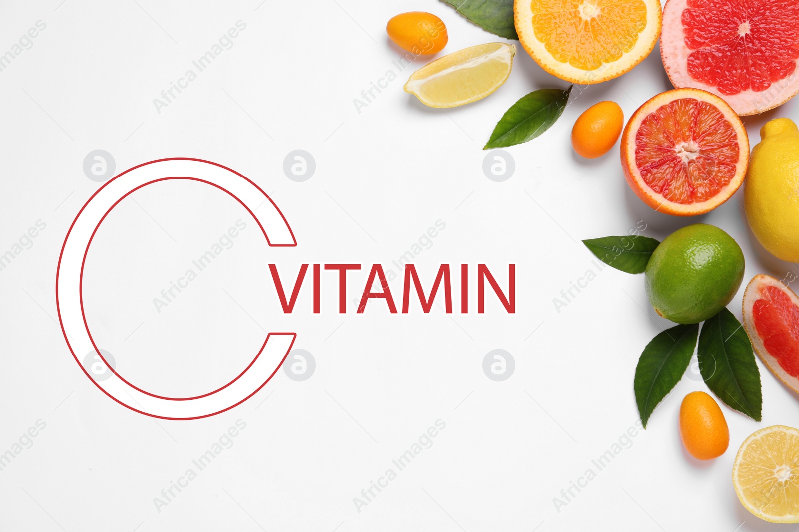 Image of Source of Vitamin C. Fresh juicy citrus fruits with green leaves on light background, flat lay