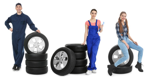 Image of Collage with photos of young mechanics and tires on white background. Auto store 