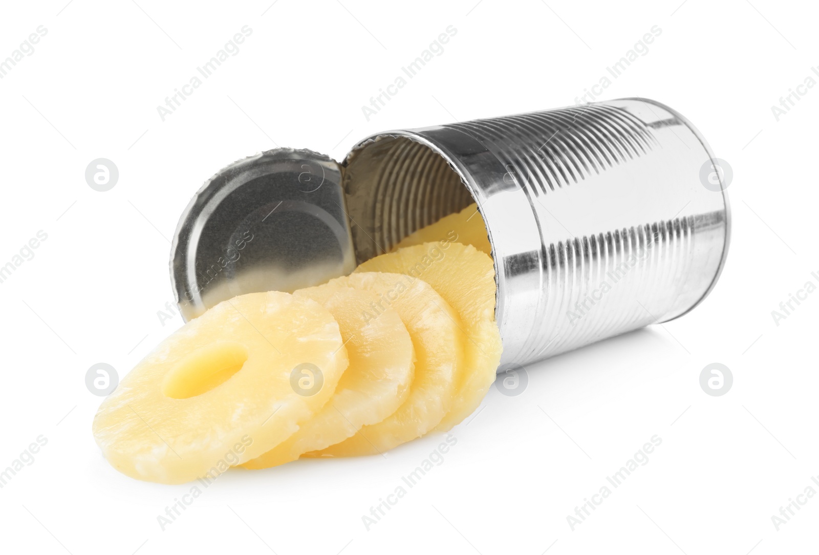 Photo of Open tin with canned pineapple isolated on white