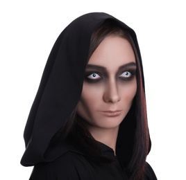 Photo of Mysterious witch with spooky eyes on white background