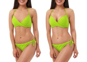 Breast augmentation with silicone implants. Collage with photos of woman in swimsuit before and after plastic surgery on white background, closeup