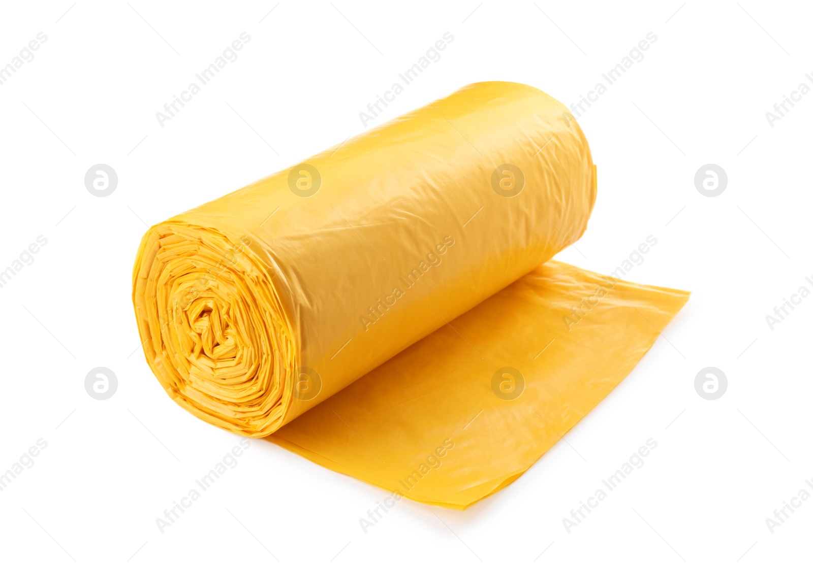 Photo of Roll of yellow garbage bags isolated on white