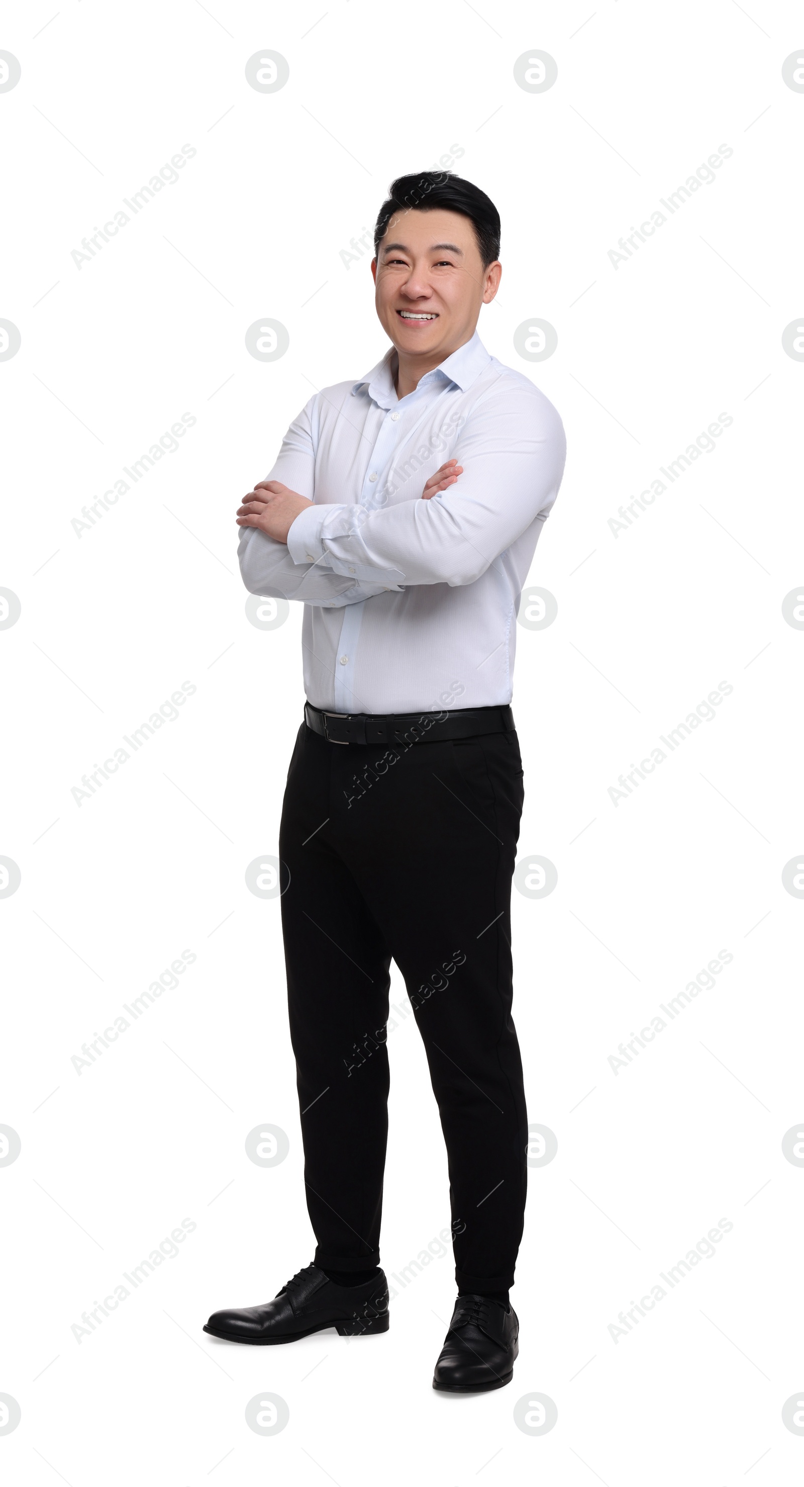 Photo of Businessman in formal clothes posing on white background