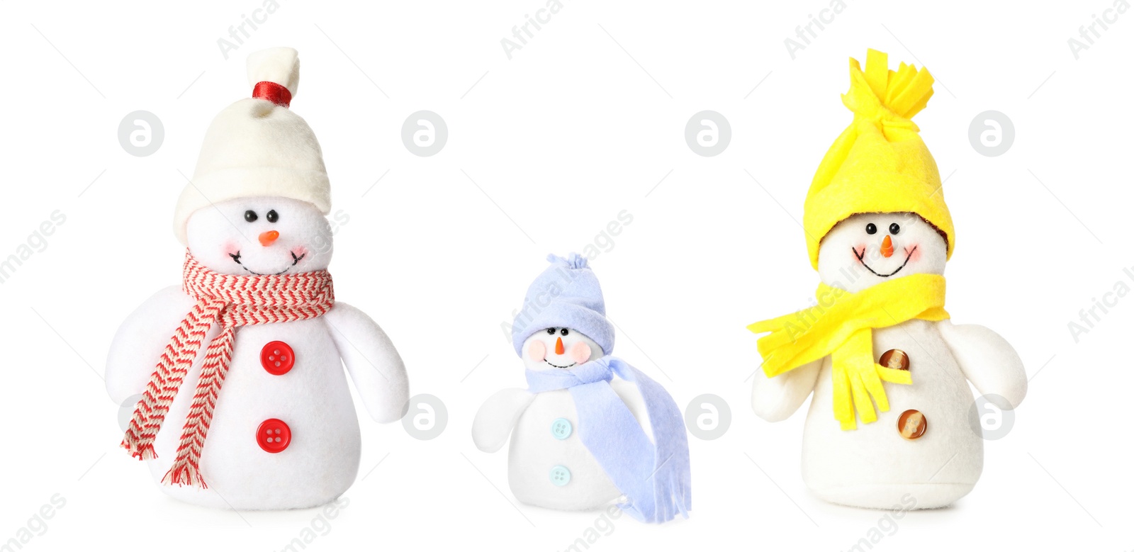 Image of Set with cute small snowman toys on white background. Banner design