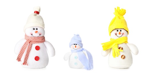 Set with cute small snowman toys on white background. Banner design