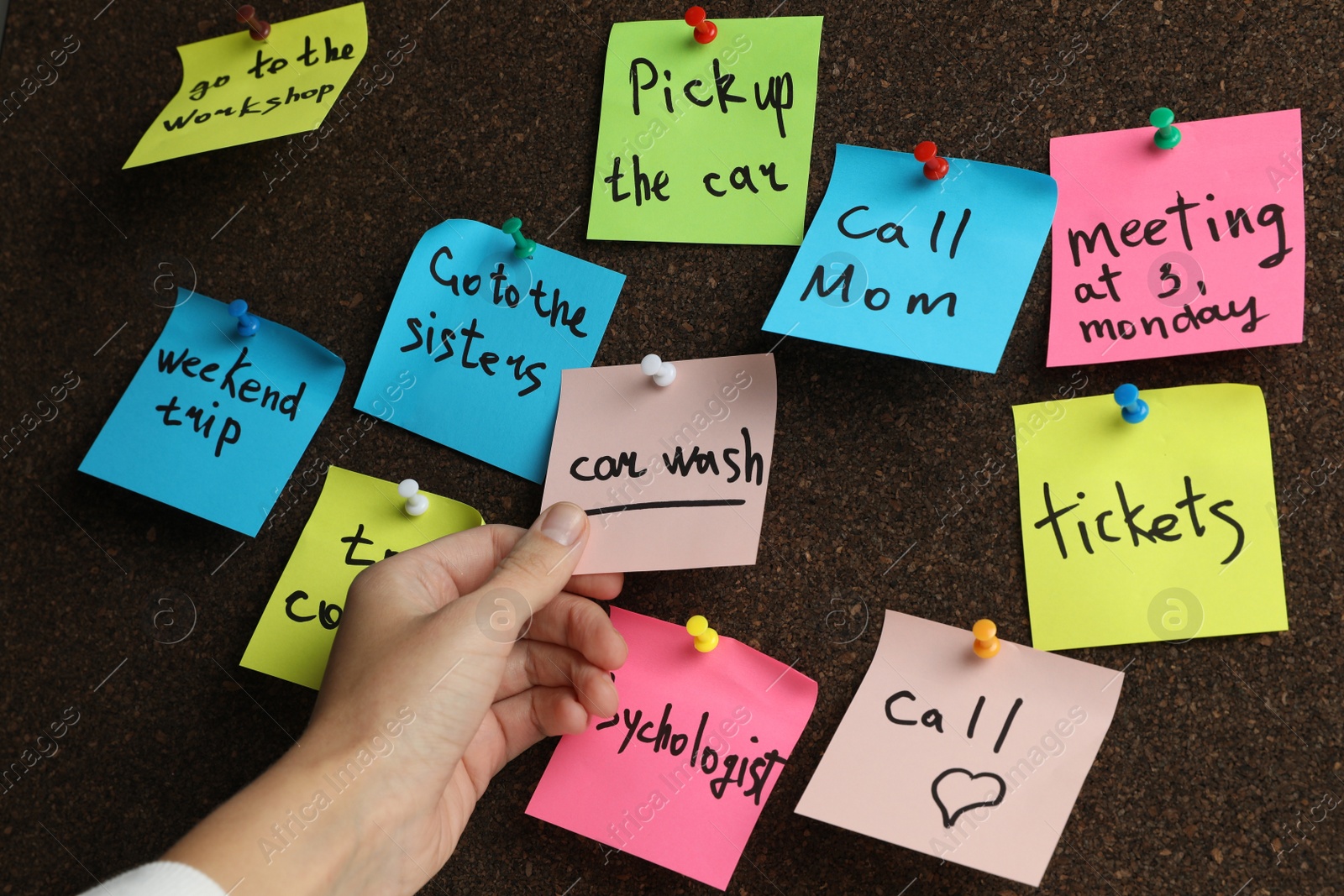 Photo of Woman holding reminder note pinned to cork board, closeup