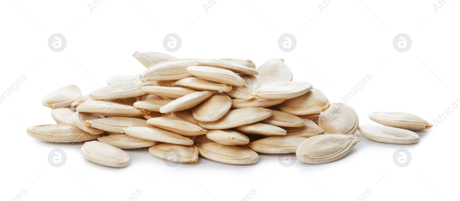 Photo of Pile of raw pumpkin seeds on white background