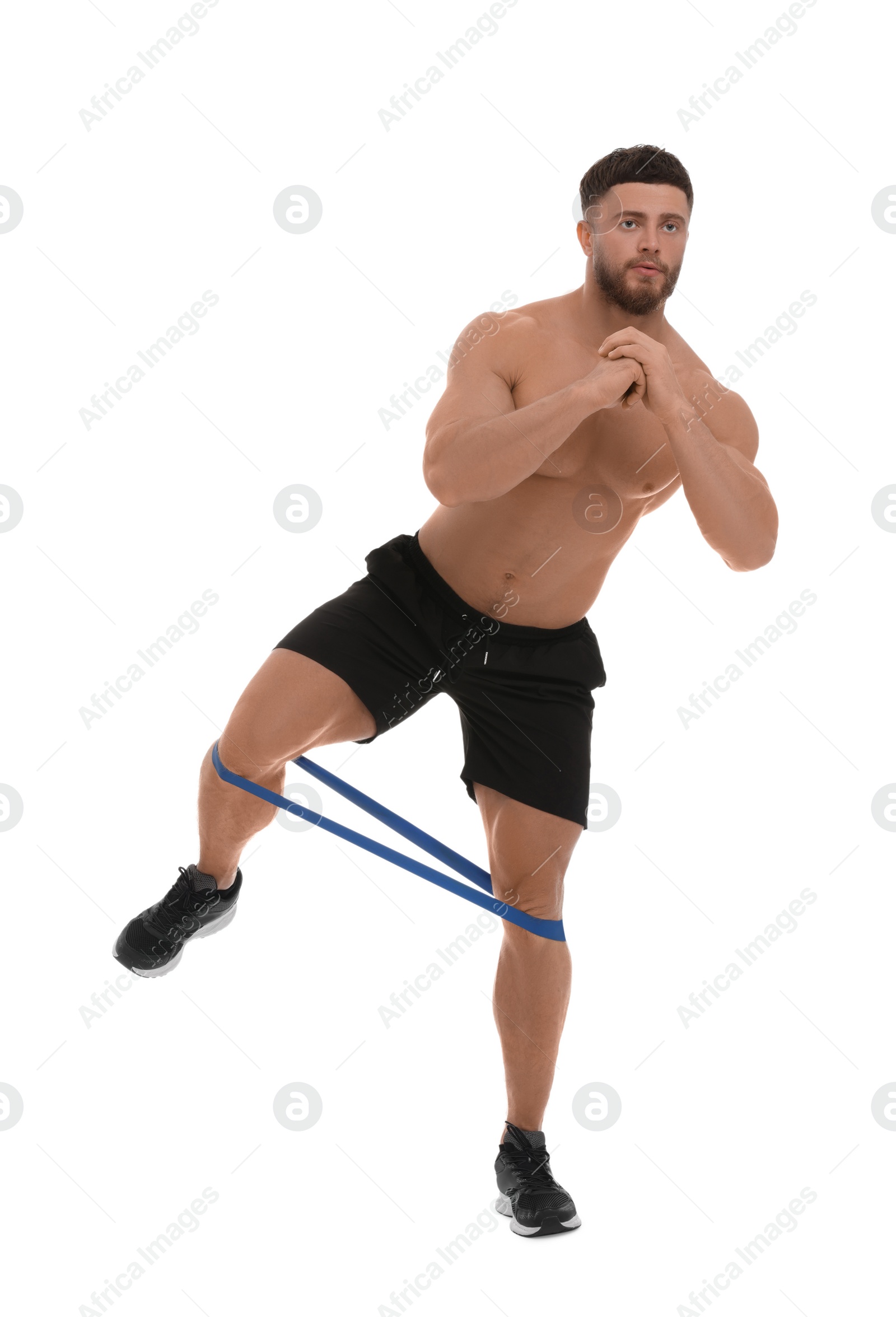 Photo of Young man exercising with elastic resistance band on white background