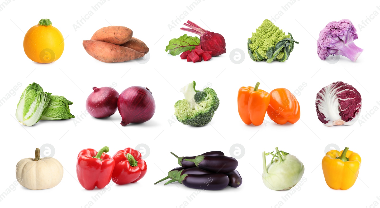 Image of Collage with many fresh vegetables on white background