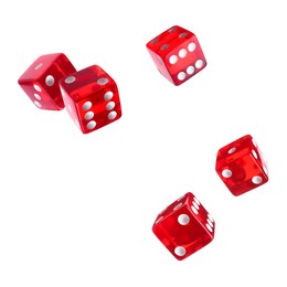 Image of Five red dice in air on white background