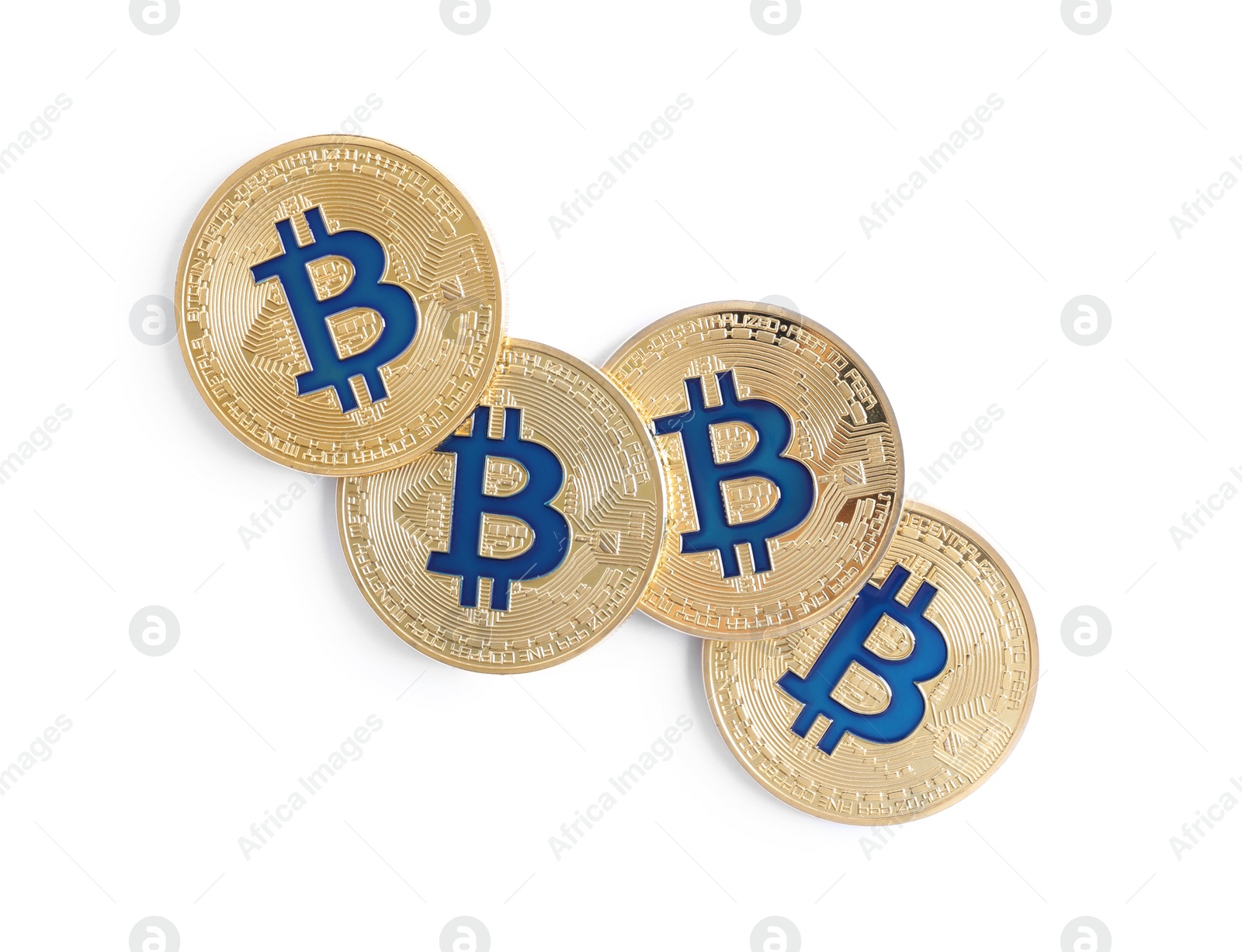 Photo of Bitcoins isolated on white, top view. Digital currency