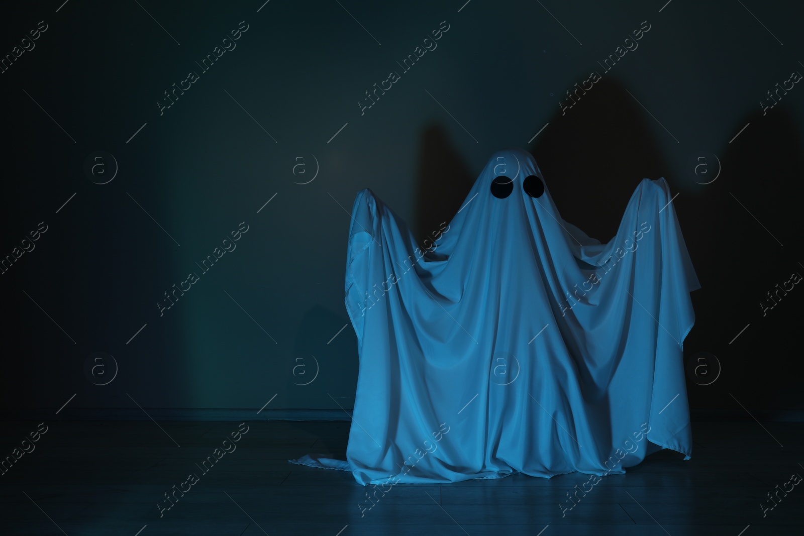 Photo of Creepy ghost. Woman covered with sheet in color light, space for text