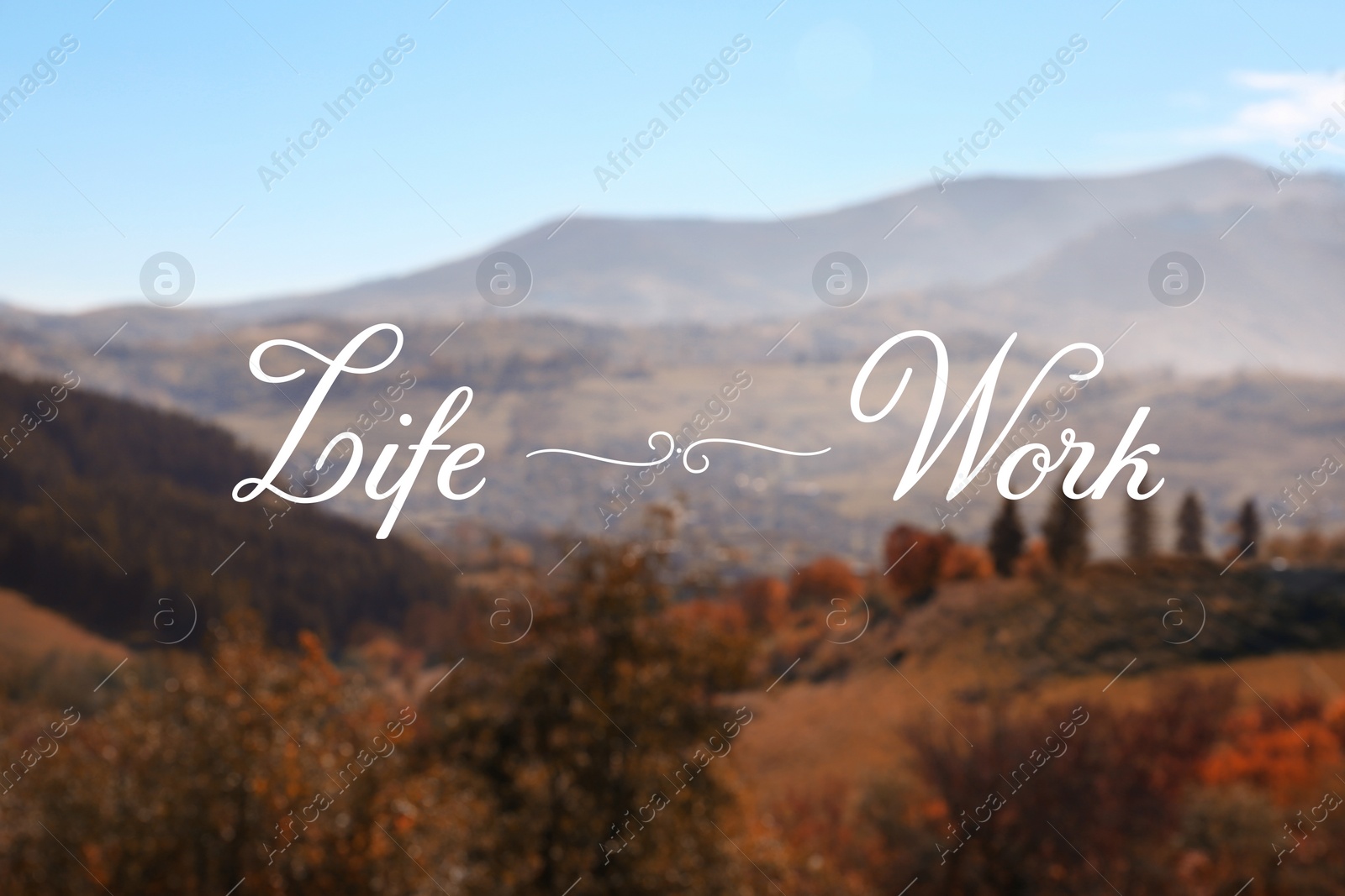 Image of Blurred view of picturesque mountain landscape. Concept of balance between work and life