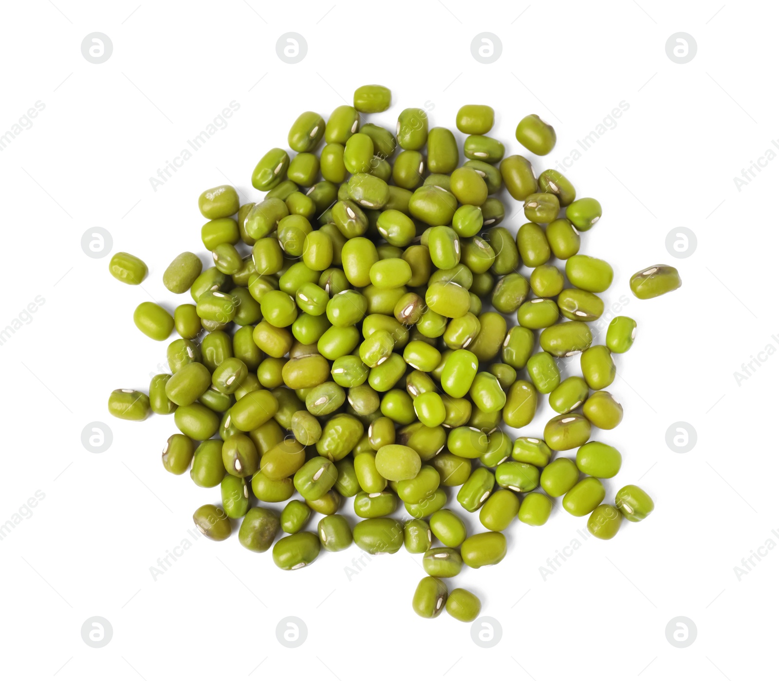 Photo of Pile of green mung beans isolated on white, top view. Organic grains