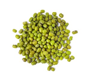 Photo of Pile of green mung beans isolated on white, top view. Organic grains