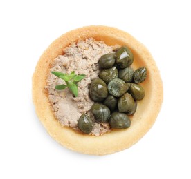 Photo of Delicious canape with pate, capers and microgreens isolated on white, top view