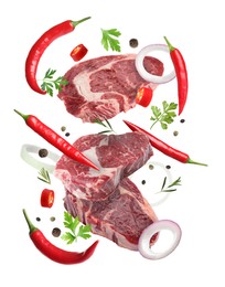 Image of Beef meat and different spices falling on white background