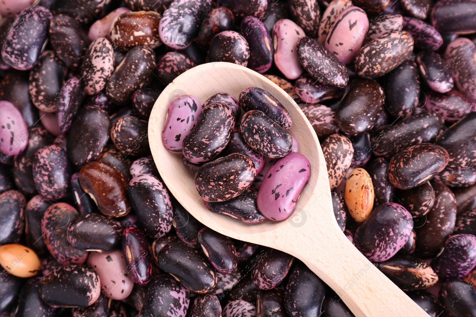 Photo of Wooden spoon on dry kidney beans, top view