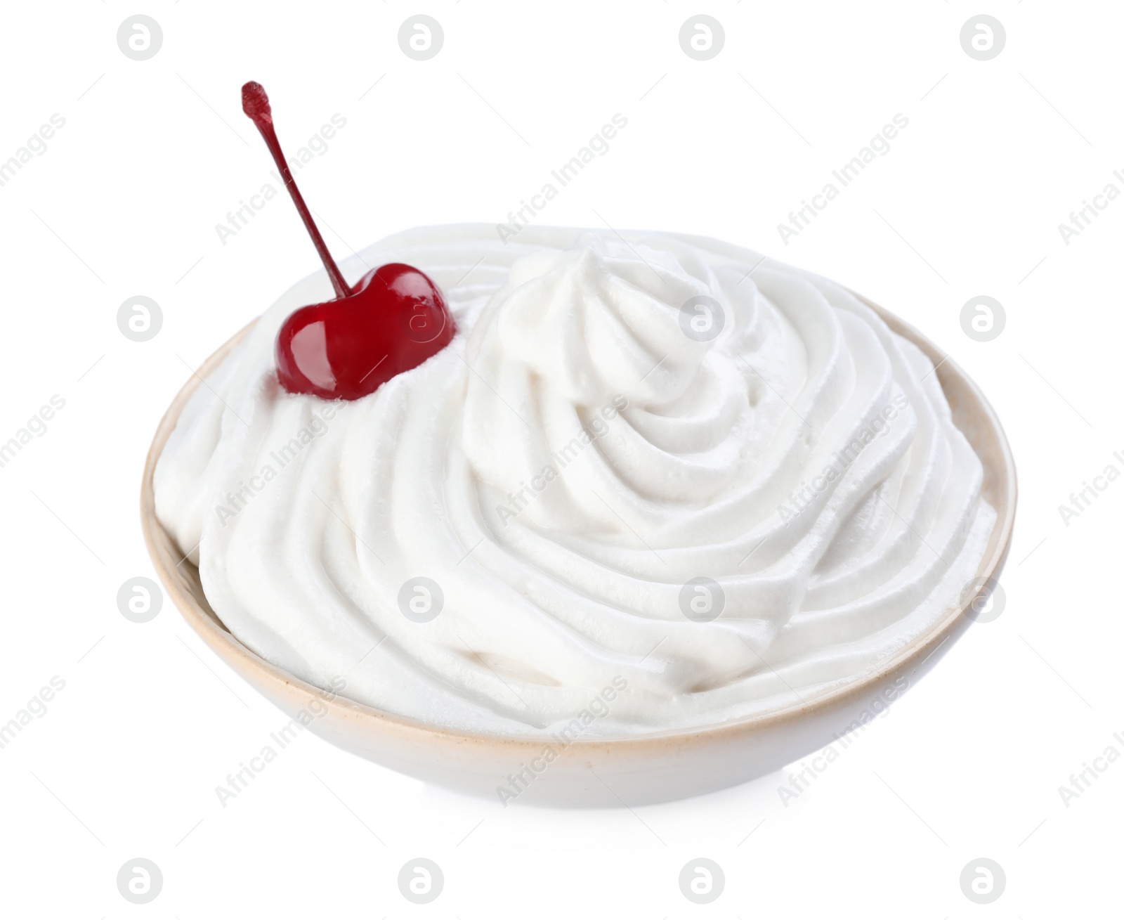 Photo of Delicious fresh whipped cream and cherry isolated on white