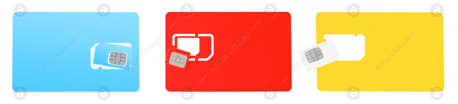 Image of Set with different SIM cards on white background, top view. Banner design
