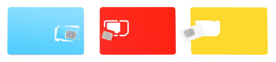 Set with different SIM cards on white background, top view. Banner design