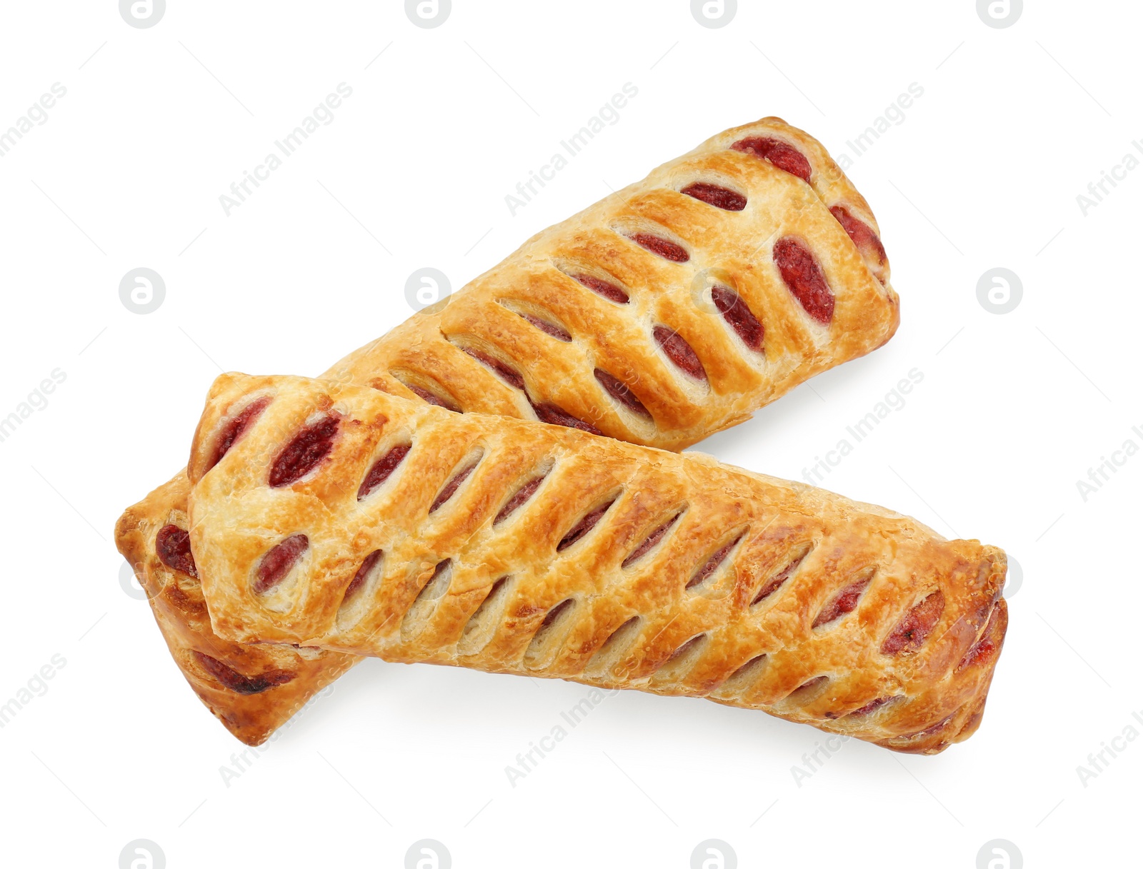 Photo of Fresh tasty puff pastry on white background, top view