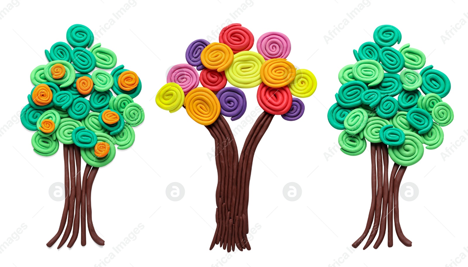 Image of Set with different colorful plasticine trees on white background, top view