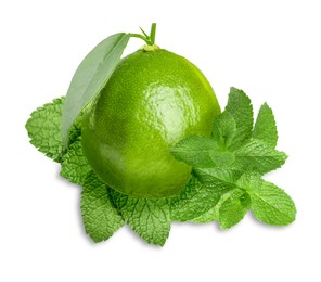 Image of Fresh ripe lime and green mint leaves isolated on white