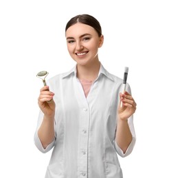 Photo of Cosmetologist with cosmetic brush and facial roller on white background
