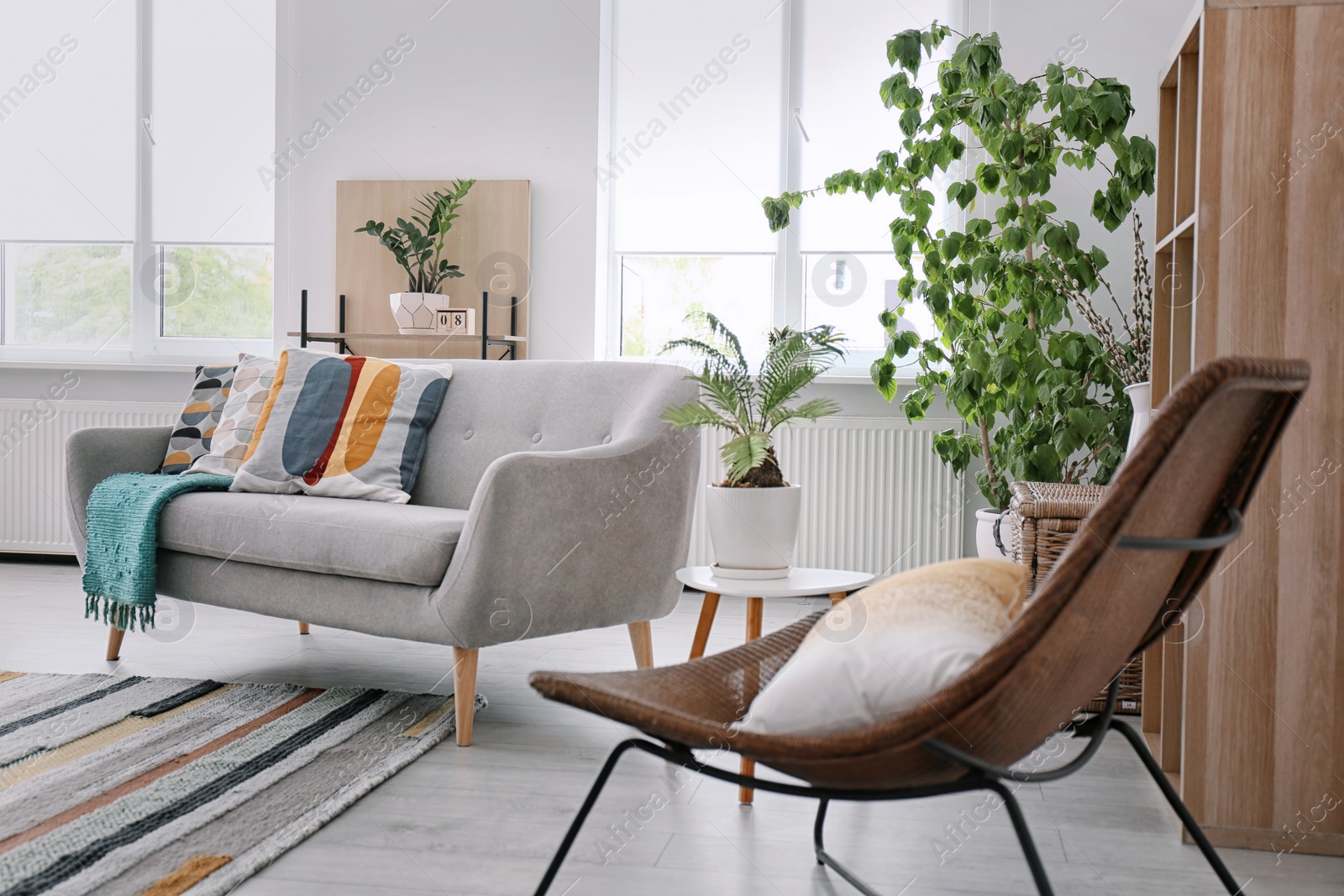 Photo of Elegant living room interior with comfortable sofa and striped carpet